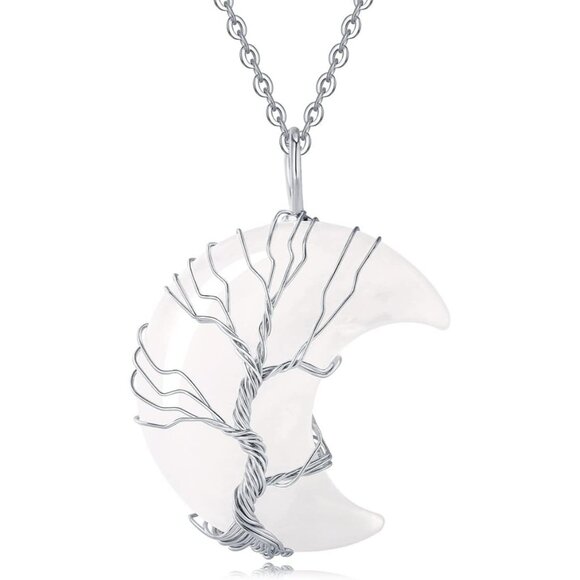 Women's Natural Crystal  Moon Crescent Tree Wire Wrapped Gemstone White Necklace - Picture 1 of 7